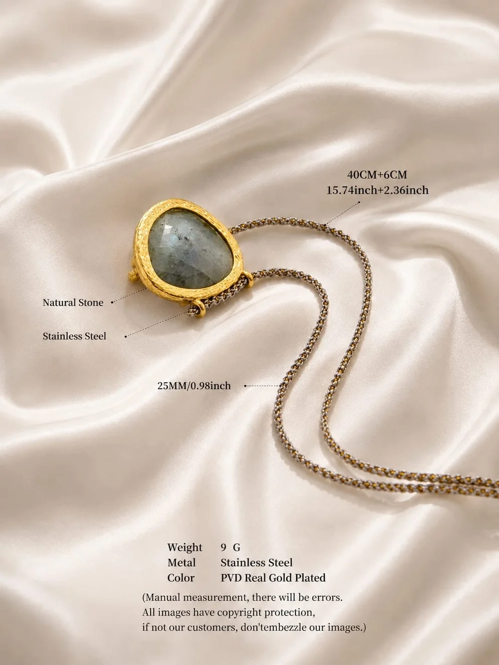 Gold-Trim Gray Stone Pendant Necklace with Amber Center